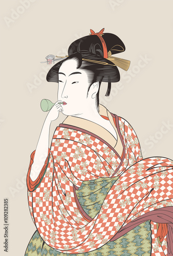 喜多川歌麿　婦女人相十品　ビードロを吹く娘イメージイラスト