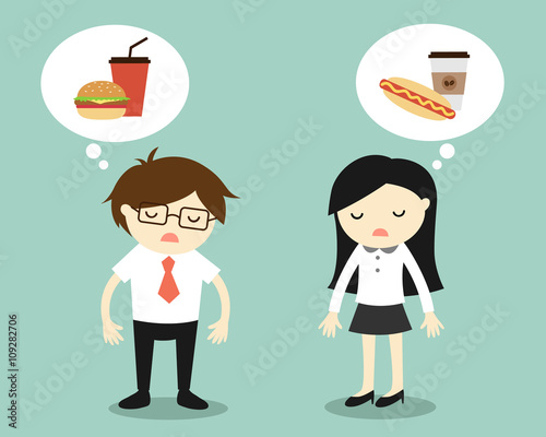 Business concept, Businessman and business woman feeling tired and thinking about food. Vector illustration.