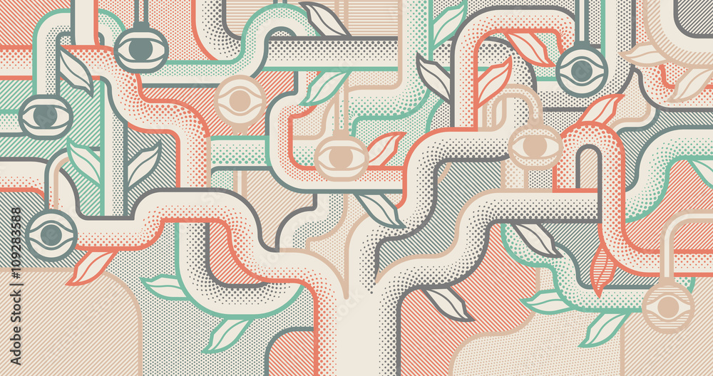 Obraz premium Mechanical tree with eyes. Pop art style background