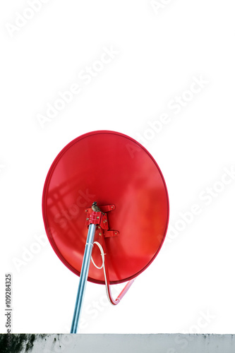 Home red wireless dish with bird, isolated on white background with copy space