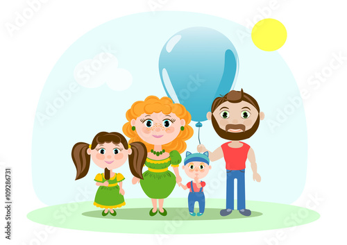 Happy family a color picture. Father, mother, daughter and baby son.
