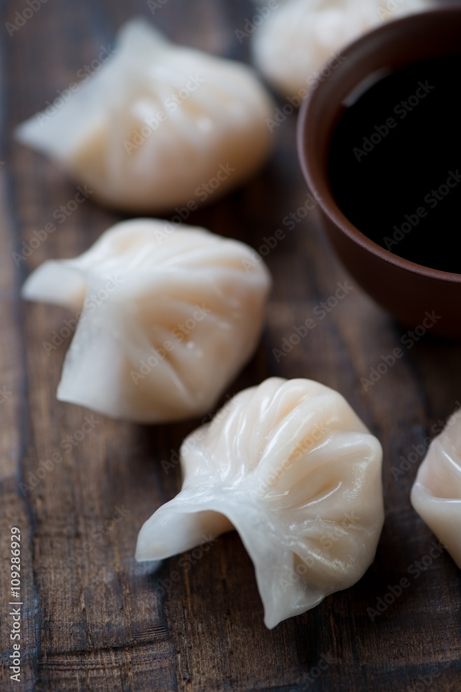 Close-up of steamed prawn hargows, selective focus