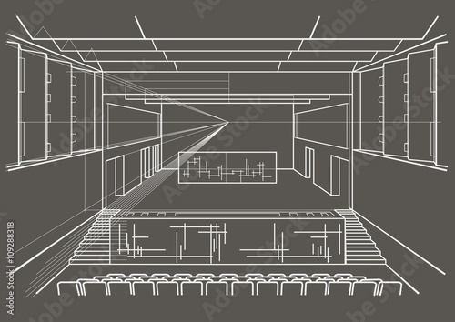 Linear architectural sketch concert hall on gray background