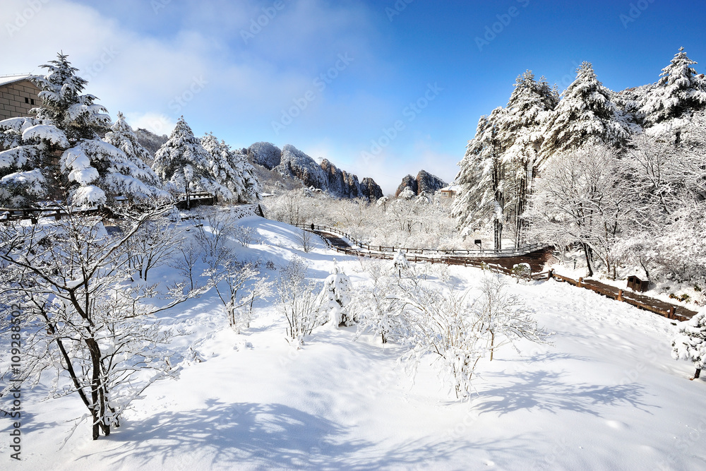 Beautiful landscape of Huangshan mountain at first snow over blue sky, Southern Anhui province, China