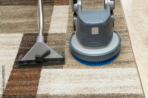 Carpets chemical cleaning with professionally extraction method and disk machine. Early spring cleaning or regular clean up.