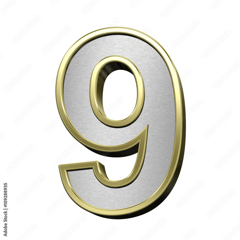 One digit from brushed silver with shiny gold frame alphabet set, isolated on white. 3D illustration. One digit from brushed silver with shiny gold frame alphabet set, isolated on white. 3D illustration.