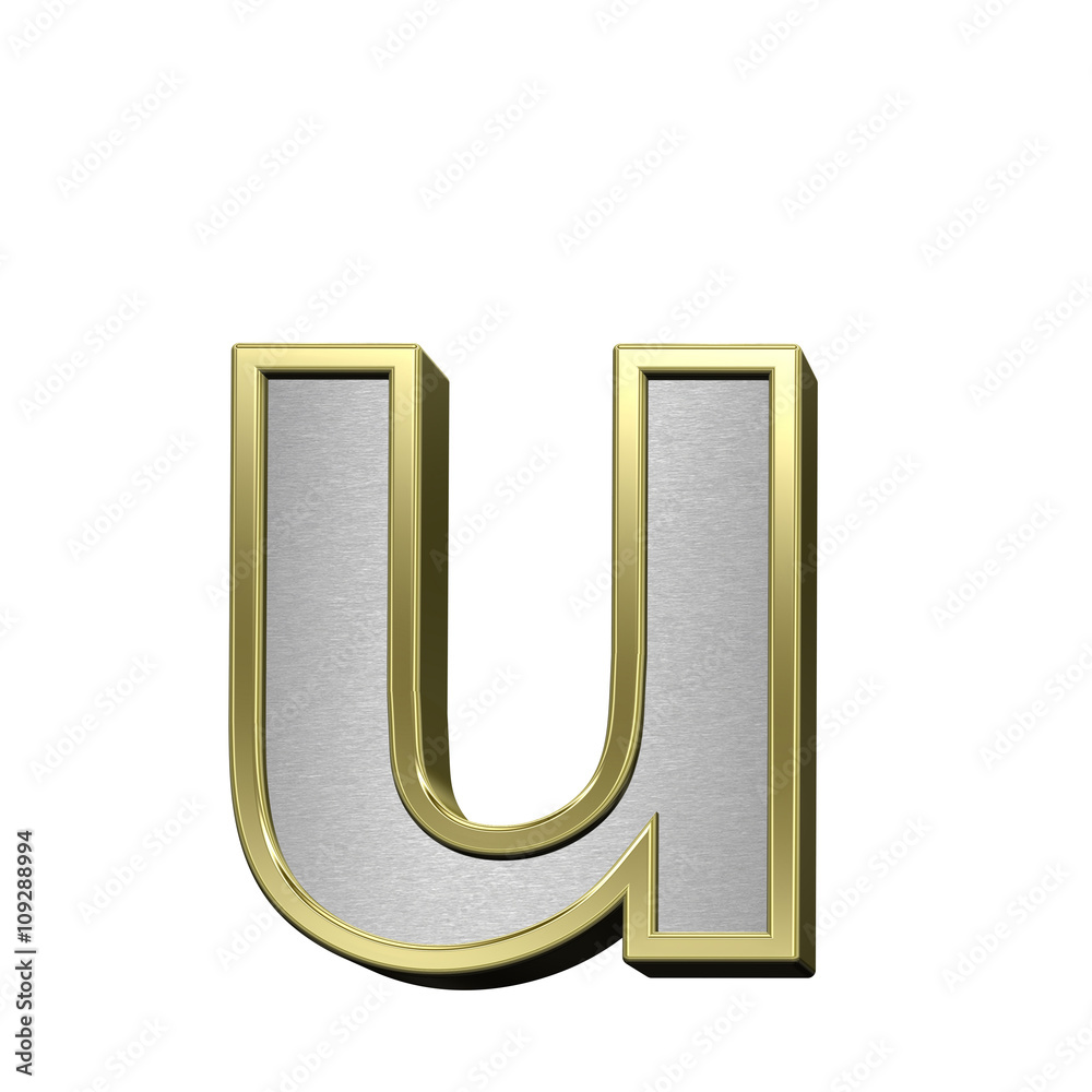 One lower case letter from brushed silver with shiny gold frame alphabet set, isolated on white. 3D illustration. One lower case letter from brushed silver with shiny gold frame alphabet set, isolated on white. 3D illustration.