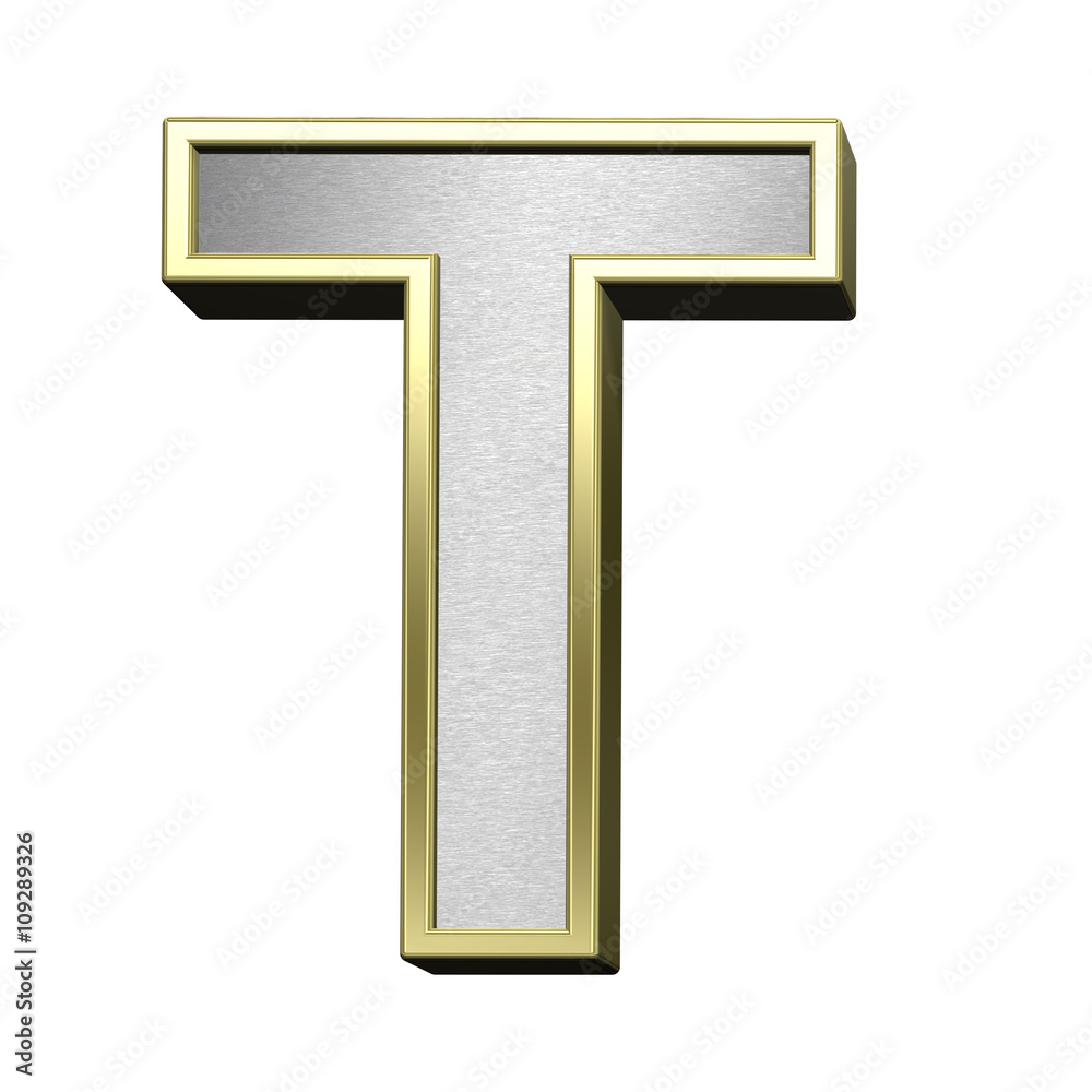 One letter from brushed silver with shiny gold frame alphabet set, isolated on white. 3D illustration. One letter from brushed silver with shiny gold frame alphabet set, isolated on white. 3D illustration.