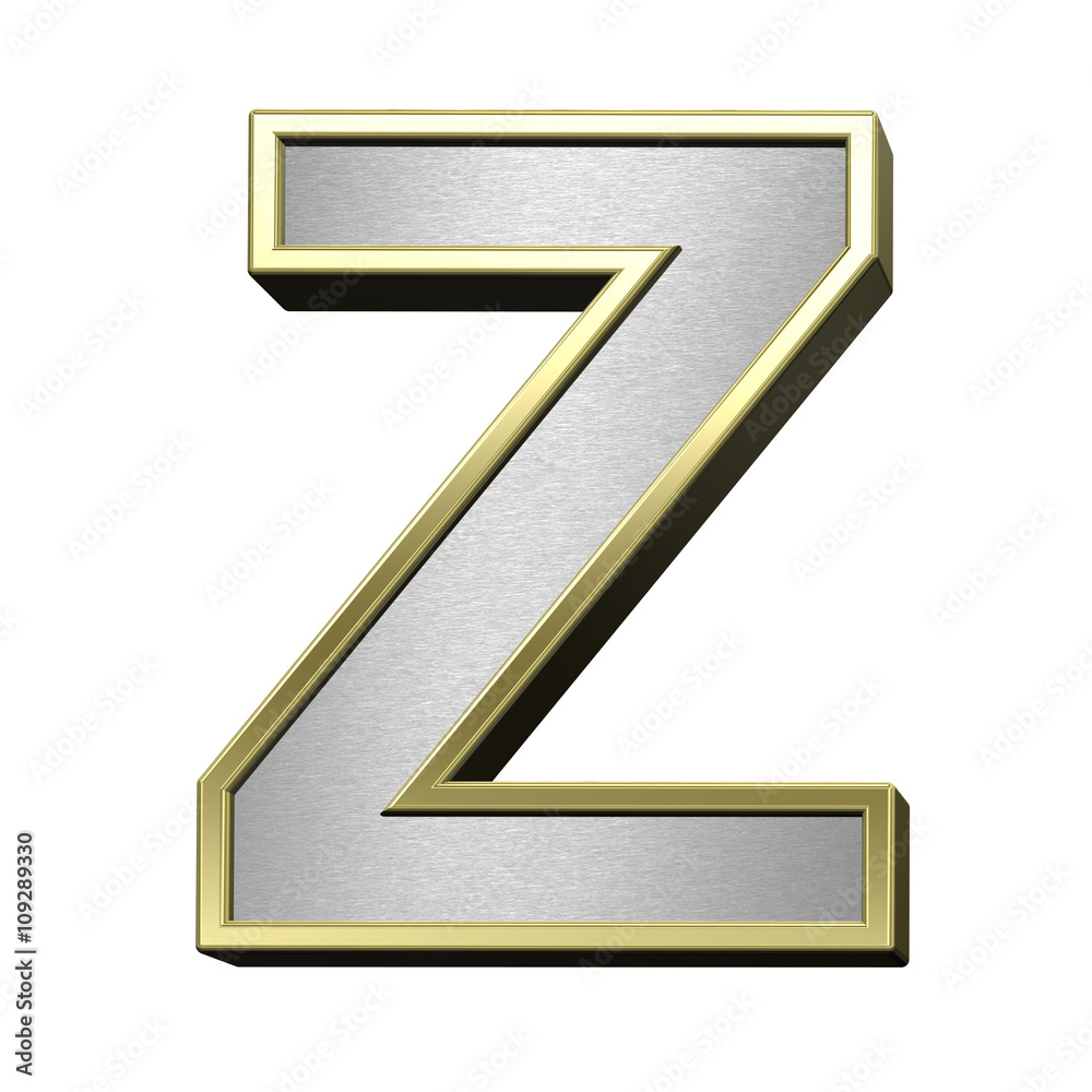 One letter from brushed silver with shiny gold frame alphabet set, isolated on white. 3D illustration. One letter from brushed silver with shiny gold frame alphabet set, isolated on white. 3D illustration.