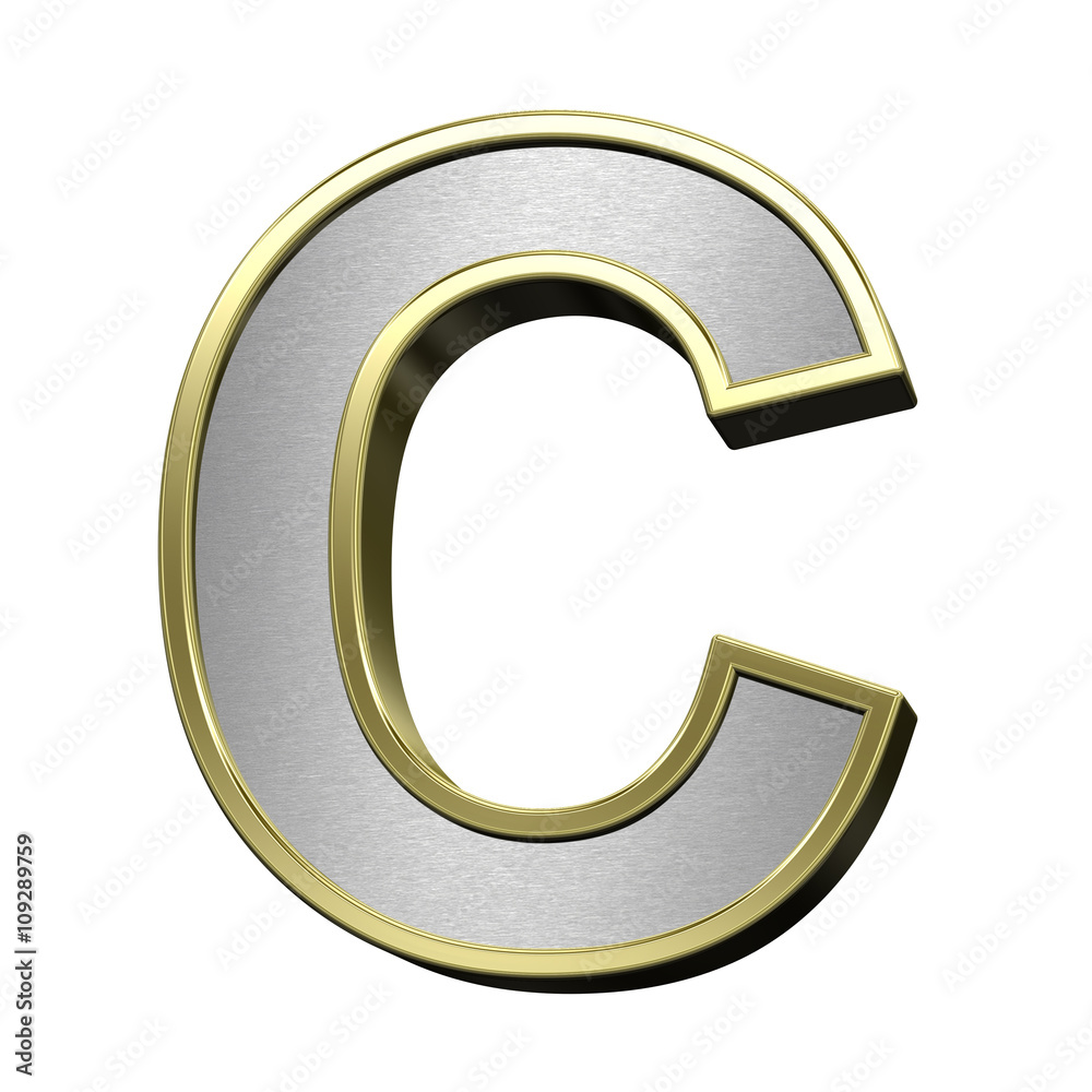 One letter from brushed silver with shiny gold frame alphabet set, isolated on white. 3D illustration. One letter from brushed silver with shiny gold frame alphabet set, isolated on white. 3D illustration.