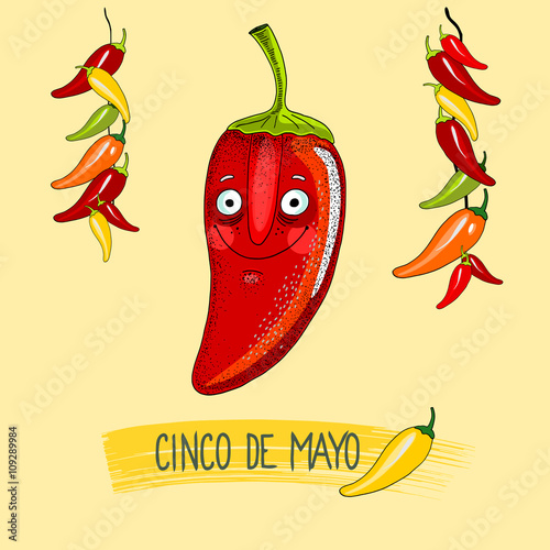 Red Pepper, red pepper character for mexican cinco de mayo holiday with peppers hanging around, isolated hand drawn vector illustration