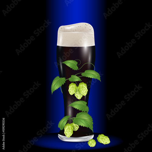 Glass of dark beer wrapped hops. Realistic vector illustration