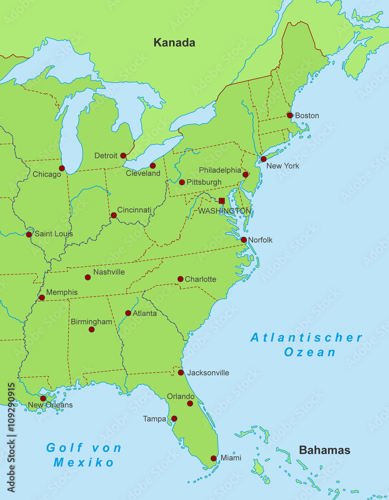 Ostküste der USA - Städte (Grün)