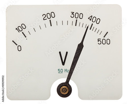 Arrow of voltmeter indicating an 380 volts, isolated on white ba