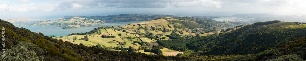 Panoramic view of Pacific coast and Otago peninsula, Dunedin, New Zealand