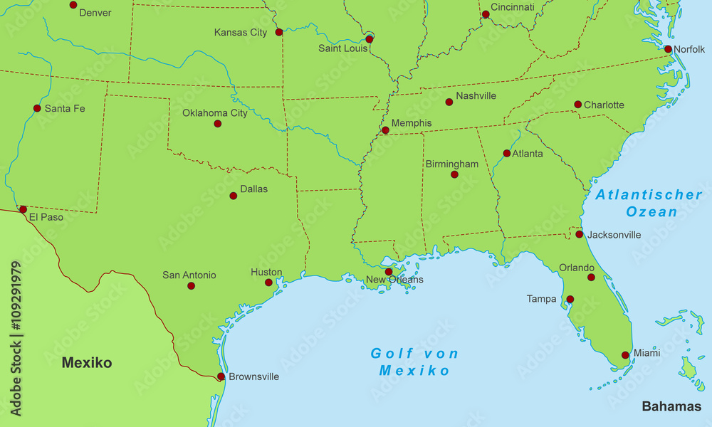 Südküste der USA - Städte (Grün)