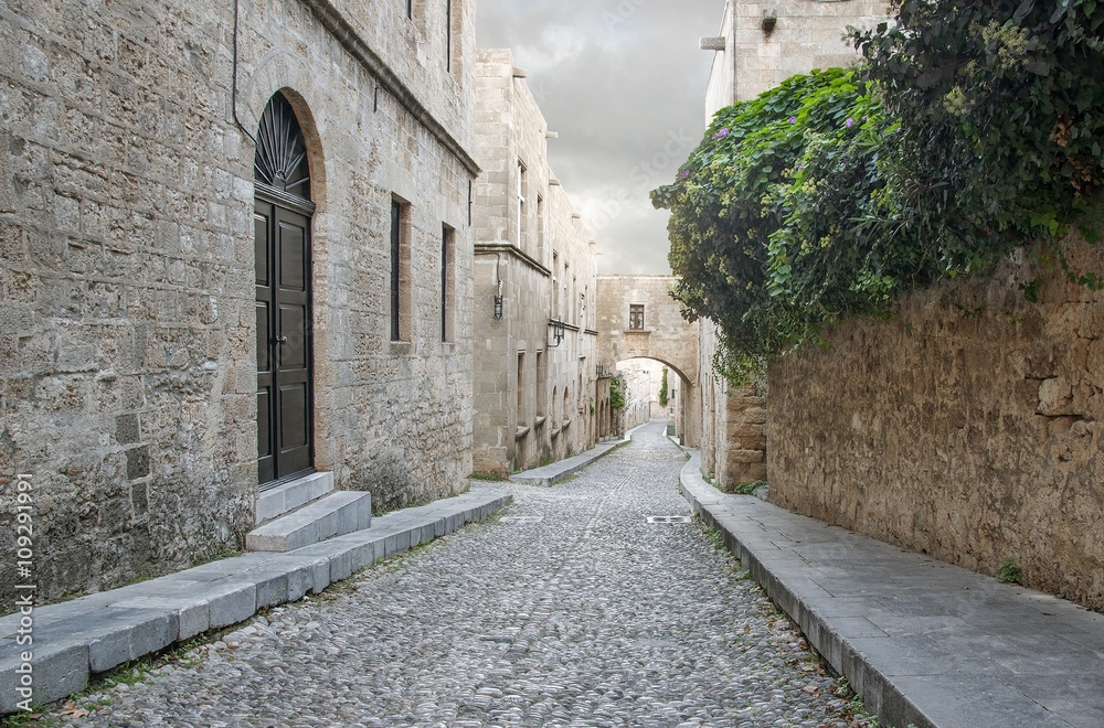 Rhodes old town is  oldest inhabited medieval town in Europe.  Street of the Knights is one of the best preserved and most delightful medieval relics in the world.  Rhodes  Island, Greece.