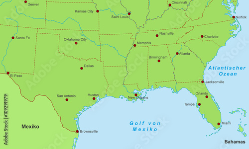 Südküste der USA - Städte (Grün)