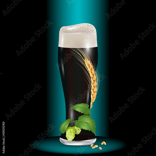 
Glass of dark beer wrapped hops and wheat spikelet, lies next to a grain of wheat. Realistic vector illustration