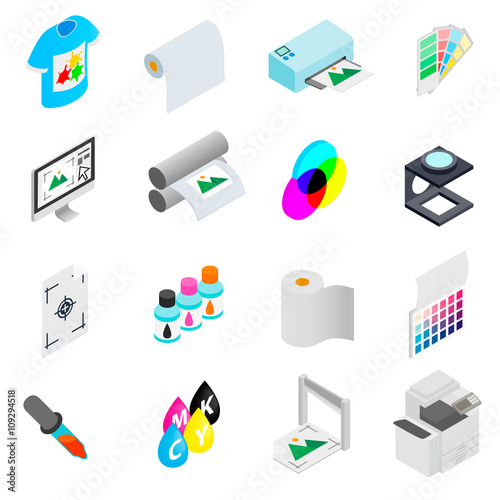 Printing icons set, isometric 3d style