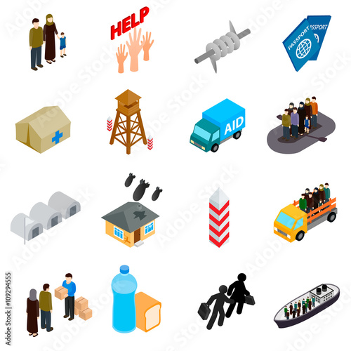 Refugees icons set, isometric 3d style 