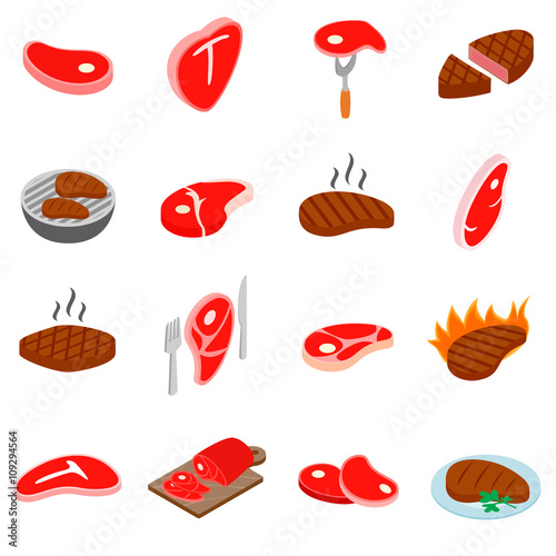 Steak icons set, isometric 3d style