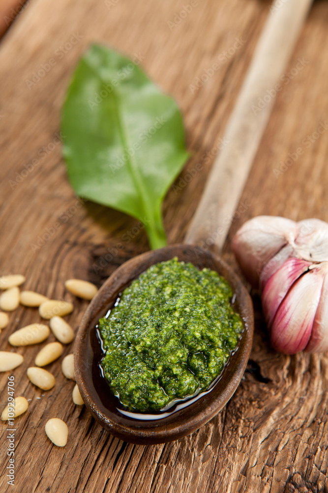 Pesto aus Bärlauch, Knoblauch, Pinnienkernen, Olivenöl und Parmesan Pesto aus Bärlauch, Knoblauch, Pinnienkernen, Olivenöl und Parmesan