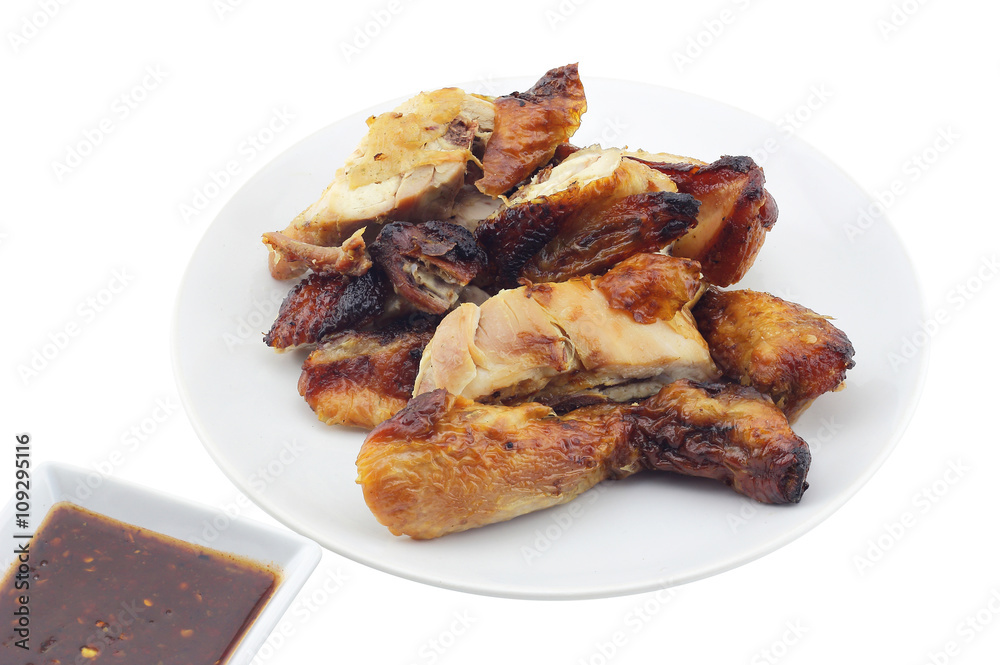 Grilled chicken and sauces in white container isolate on white background.(with clipping path)