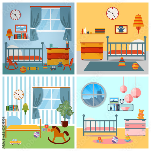 Fototapeta Naklejka Na Ścianę i Meble -  Children Bedroom Interior. Child Furniture and Toys. Vector illustration