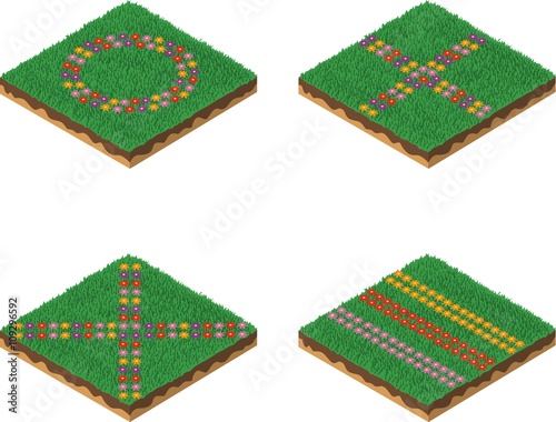Isometric flowers in flowerbed. Four different flowerbed.