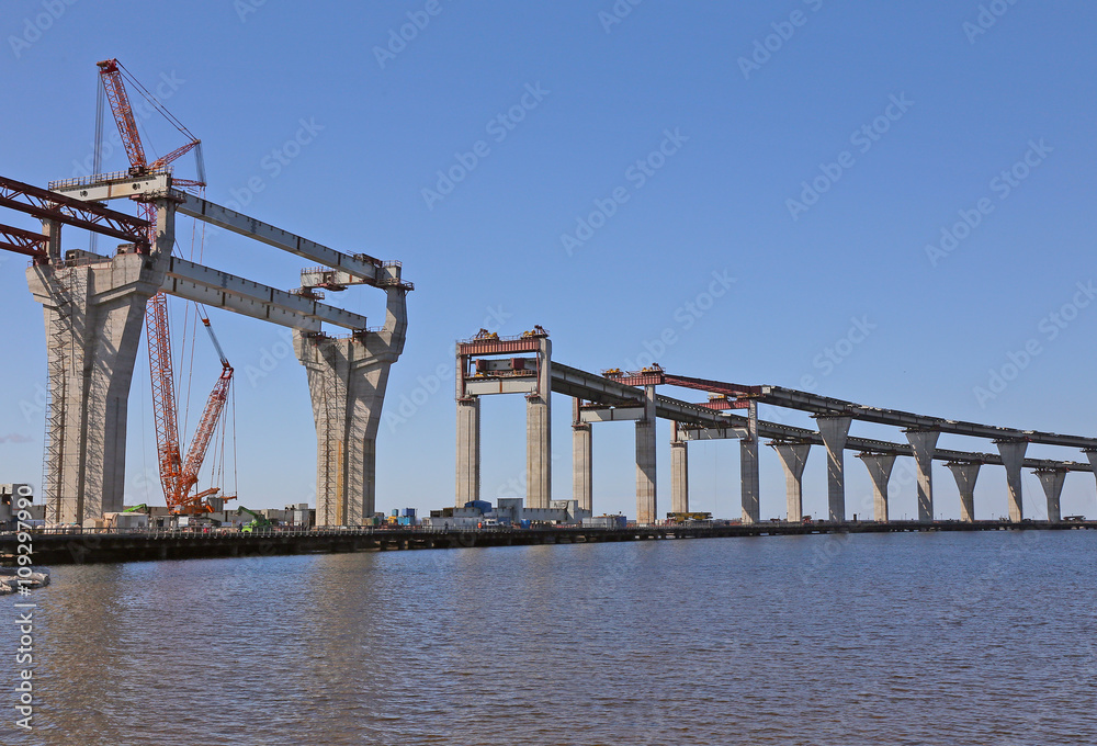 construction of the viaduct with the highway on the water surface construction of the viaduct with the highway on the water surface