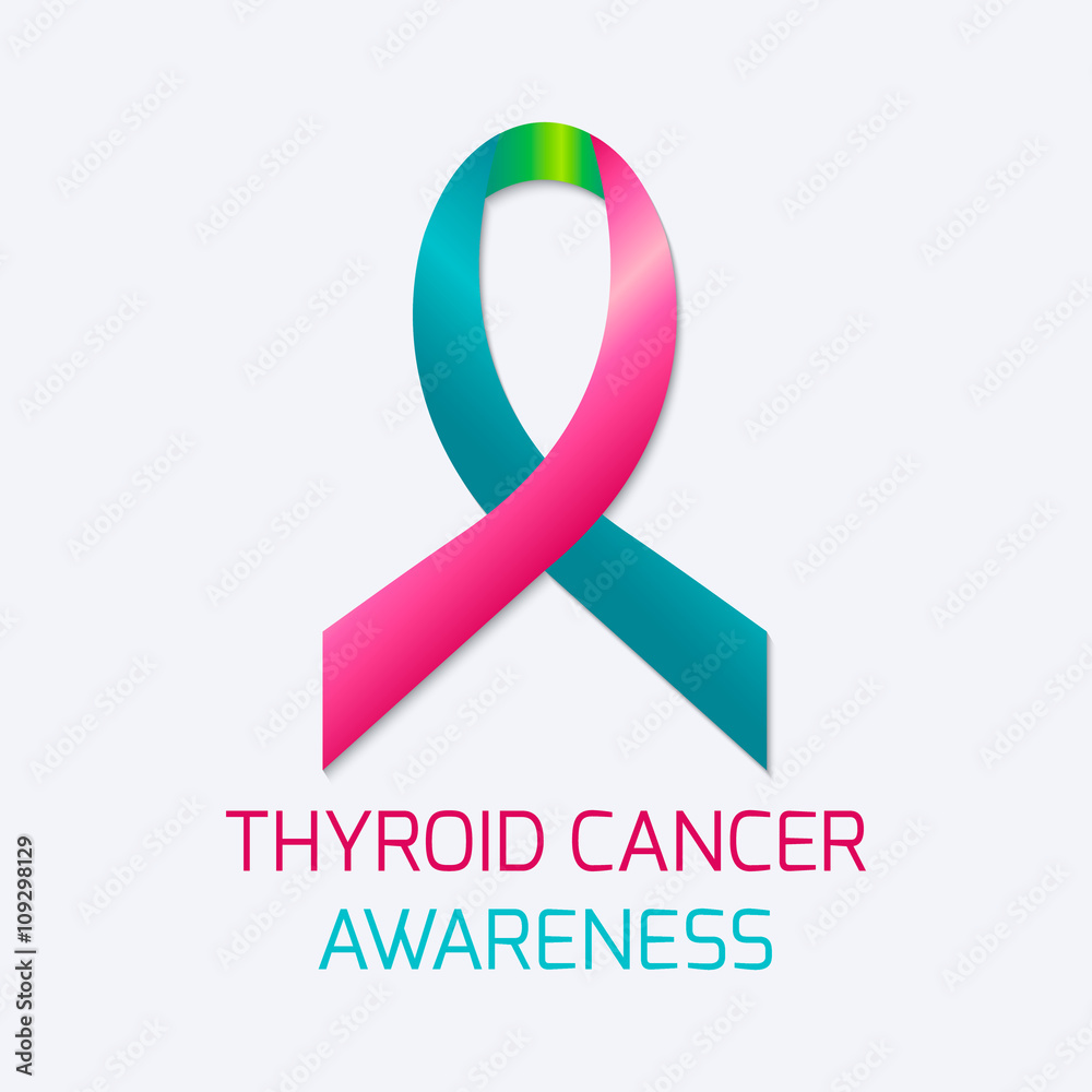 Thyroid cancer awareness symbol. Teal, pink and blue ribbon on white