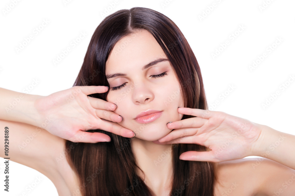 Slim young woman with nude make up skin care Slim young woman with nude make up skin care