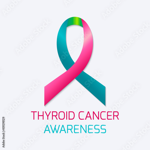 Thyroid cancer awareness symbol. Teal, pink and blue ribbon on white background. Thyroid cancer icon. Thyroid cancer solidarity day. Vector illustration.
