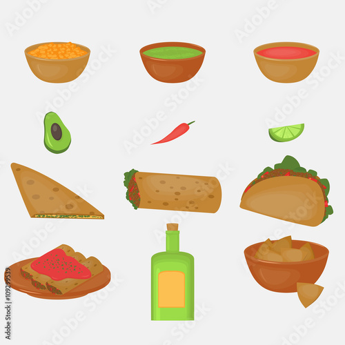 Mexican traditional food set, traditional cusine of Mexico, latino fast food menu takos, burrito photo