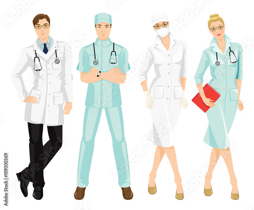 Vector illustration of medical people in medical gown. A young doctor in medical uniform and hat isolated on white background. Serious man in glasses