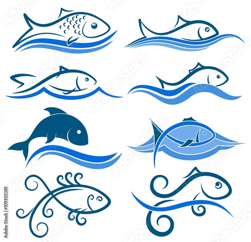 Logos of fish with wave.
