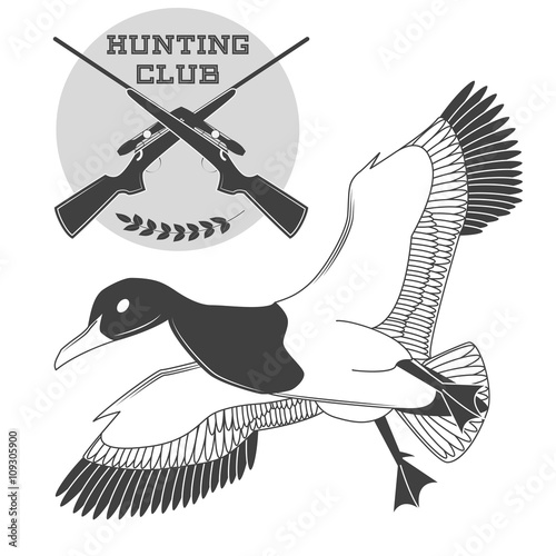 Vintage label with a duck, weapons for lucky hunting club. Vector