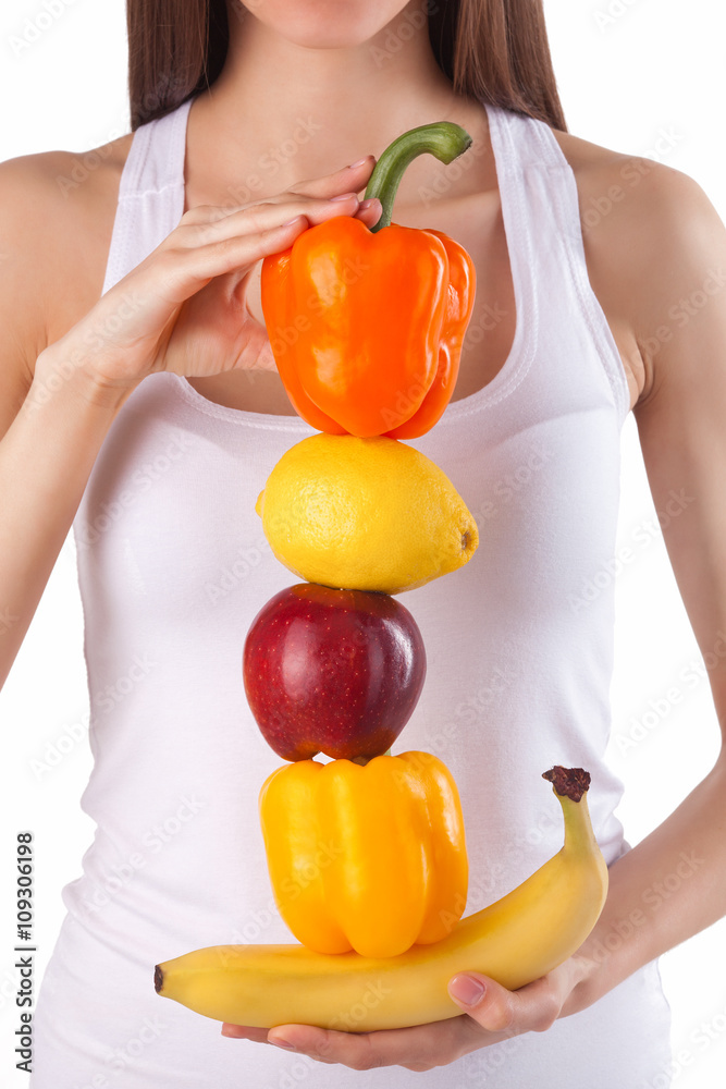 beautiful girl holding fresh vegetables and fruit beautiful girl holding fresh vegetables and fruit