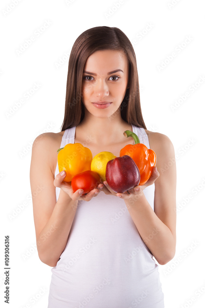 beautiful girl holding fresh vegetables and fruit beautiful girl holding fresh vegetables and fruit