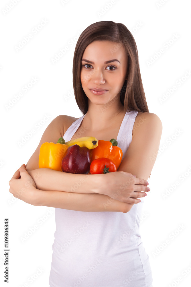 beautiful girl holding fresh vegetables and fruit beautiful girl holding fresh vegetables and fruit