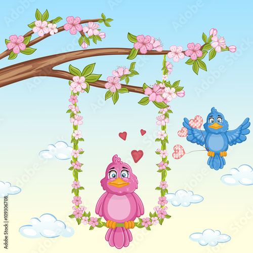 Illustration of couple in love, birds in love .