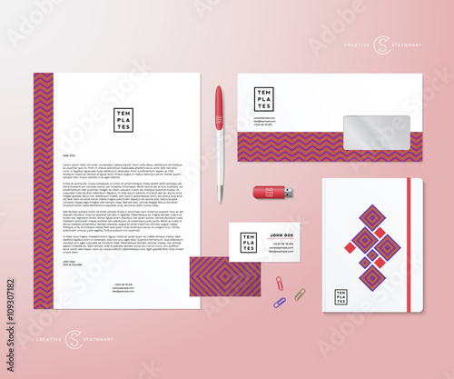 Creative Geometry Pink and Blue Realistic Vector Stationary Set with Soft Shadows. Good as Template or Mock Up for Business Identity.