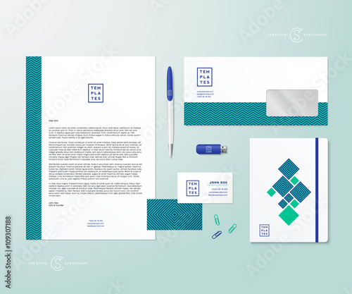 Creative Geometry Green and Blue Realistic Vector Stationary Set with Soft Shadows. Good as Template or Mock Up for Business Identity.