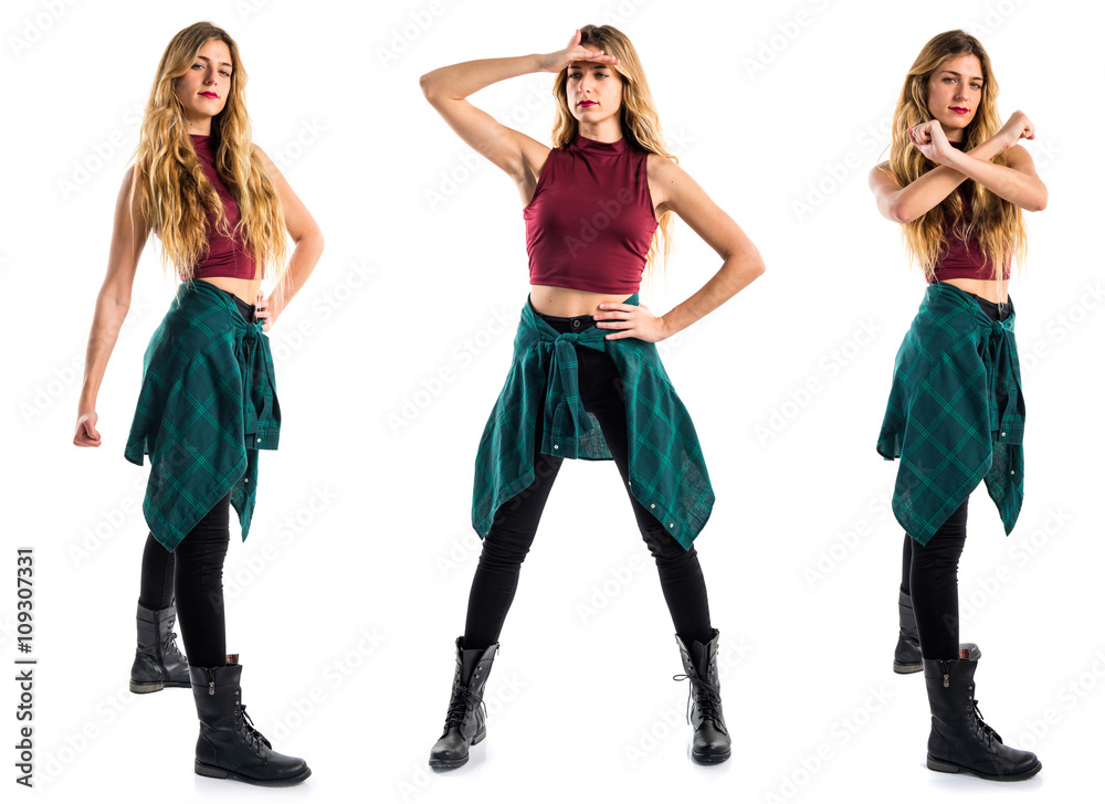 Fototapeta premium Pretty blonde woman showing something