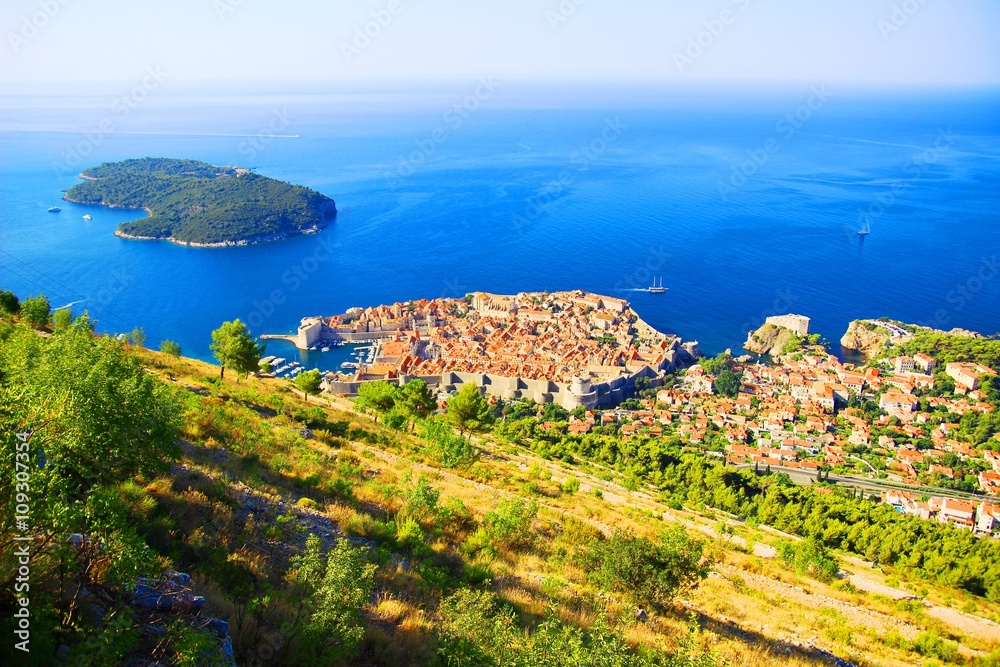 Panoramic view of Dubrovnik Old town, island Lokrum, Adriatic sea and surrounding coast, in Croatia