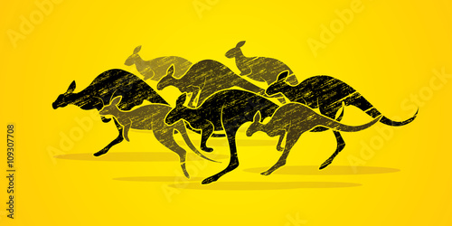 Group of Kangaroo jumping designed using black grunge brush graphic vector.