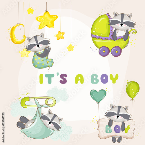 Baby Racoon Set - for Baby Shower or Baby Arrival Cards - in vector