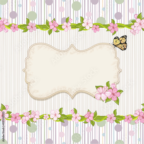 Floral background with dots . Cherry blossom, branch with pink flowers.