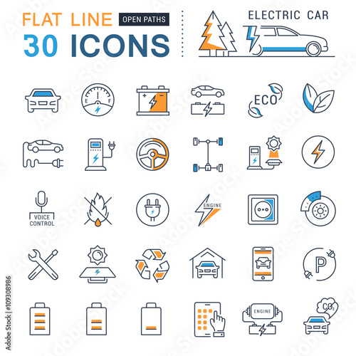 Set Vector Flat Line Icons Electric Cars